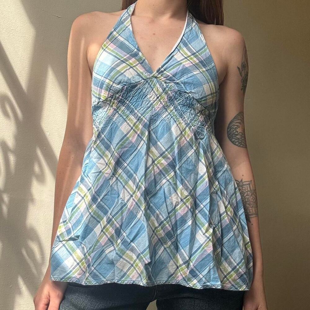 Vintage SO! Wear It Declare It Blue Plaid Halter Top Small Y2K - Picture 2 of 3